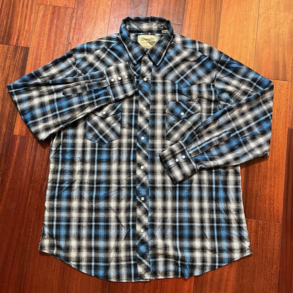 Wrangler Shirt Mens Extra Large Blue Gray Plaid Long Sleeve Ranch Western Work